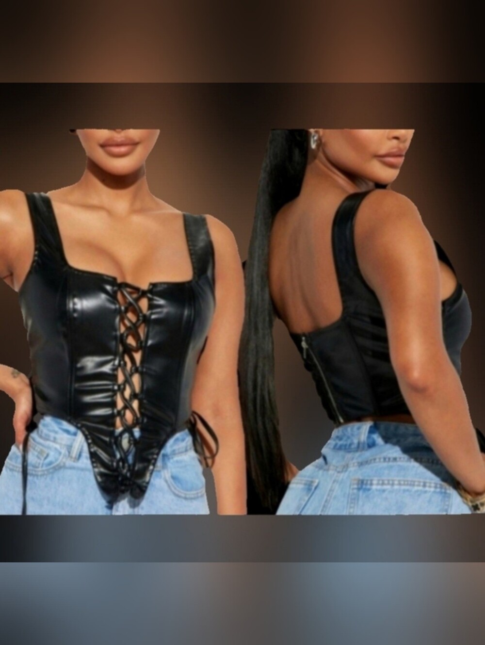 Fashion Nova true to you blk faux leather tie front sides crop top corset 1X NWT - Picture 3 of 17